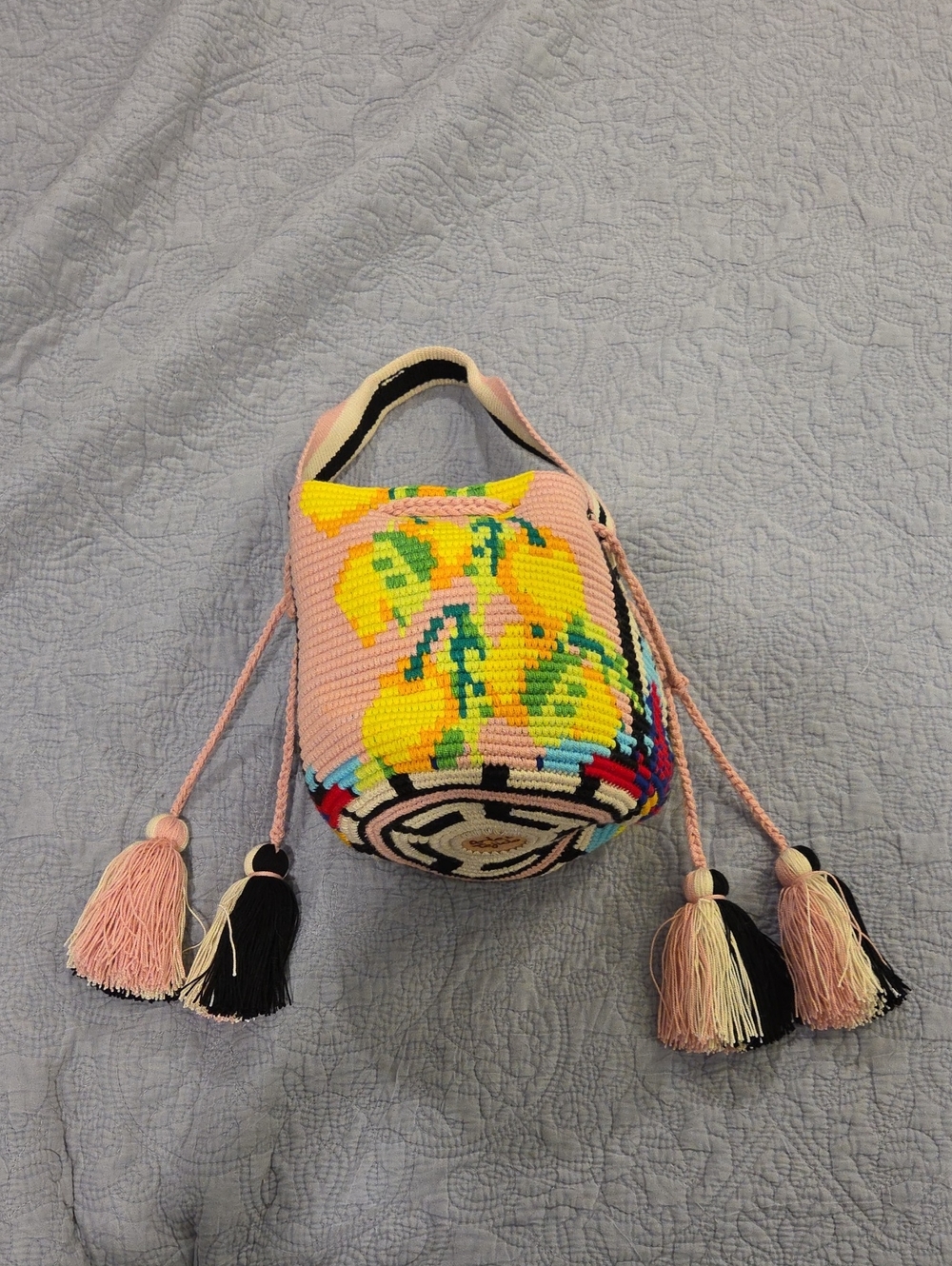 Arte & Tejido Artisan Tapestry Crochet Bucket Bag with Tassels - Excellent!